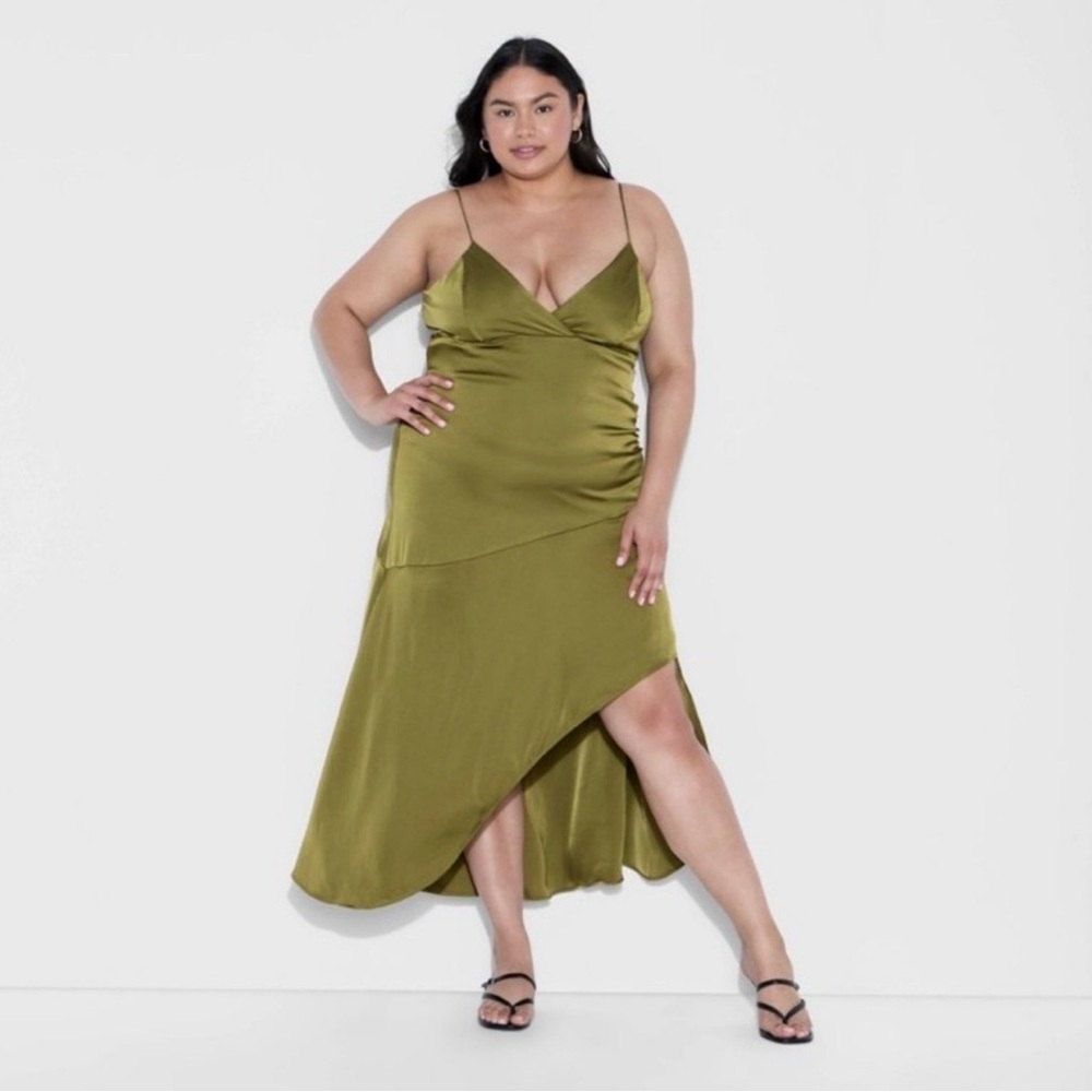 NWT New Fable Women's Satin Asymmetrical A-Line Maxi Dress- Olive Green XXL